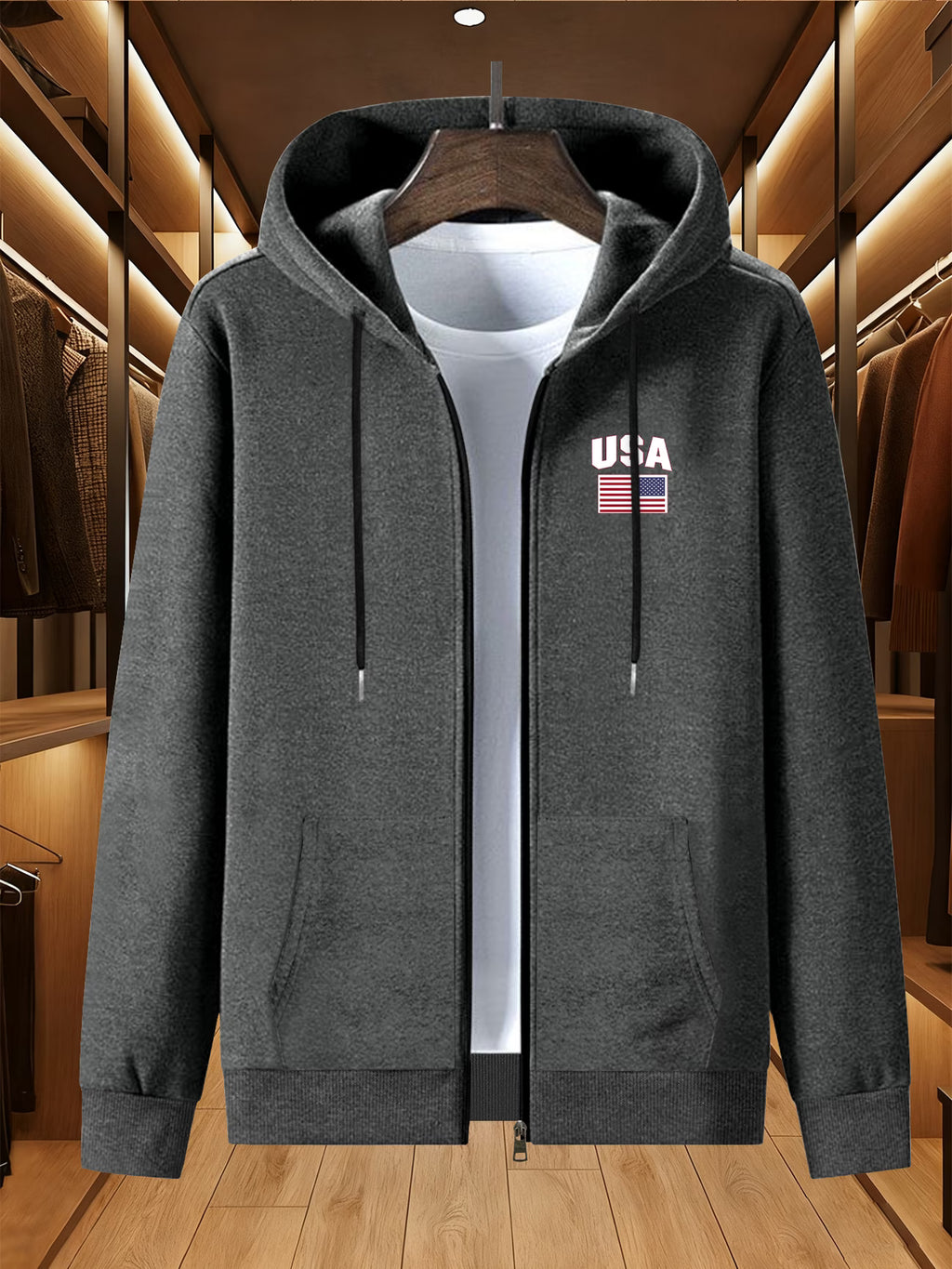 Men's Hooded Jacket with American Flag Waterdrop Pattern, Business Baseball Jacket with Stand-up Collar, Versatile Hooded Outerwear Item#O-2