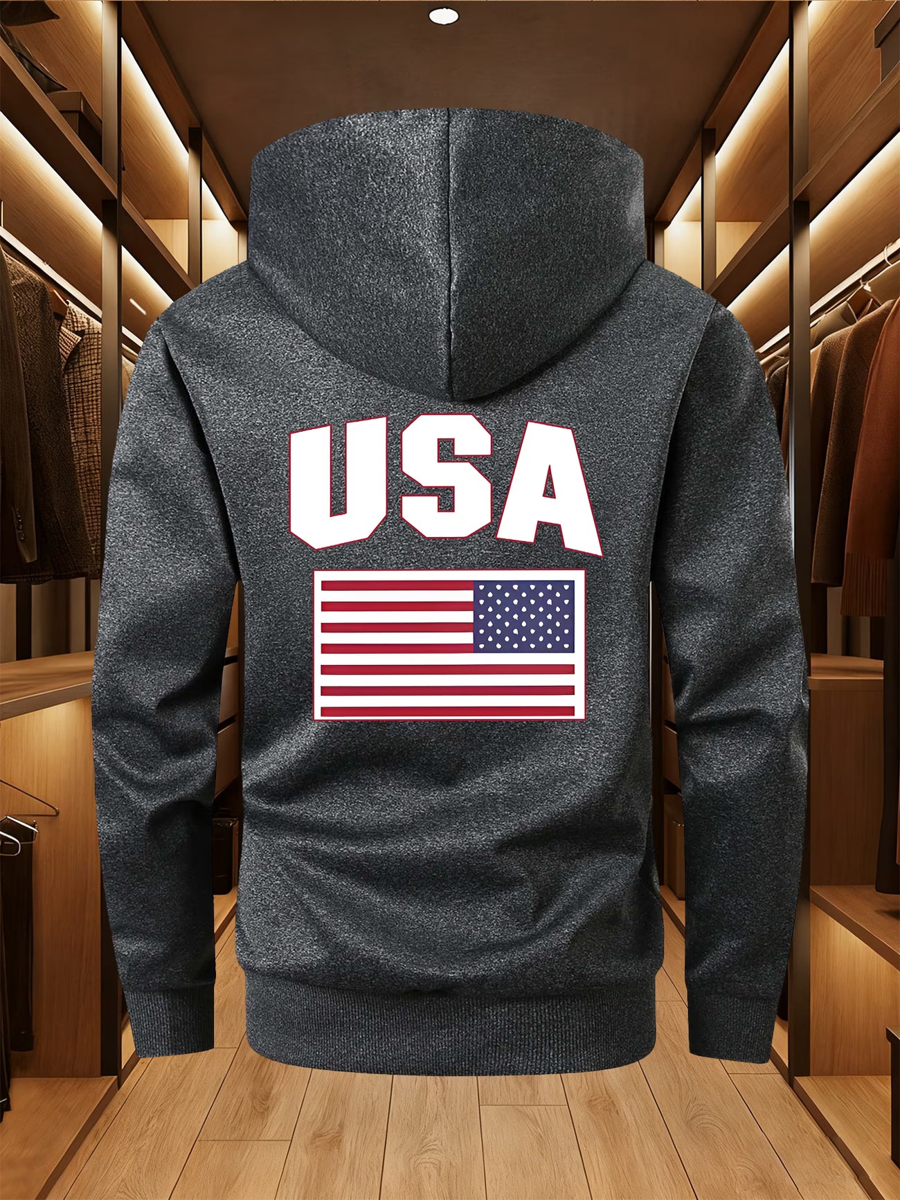 Men's Hooded Jacket with American Flag Waterdrop Pattern, Business Baseball Jacket with Stand-up Collar, Versatile Hooded Outerwear Item#O-2