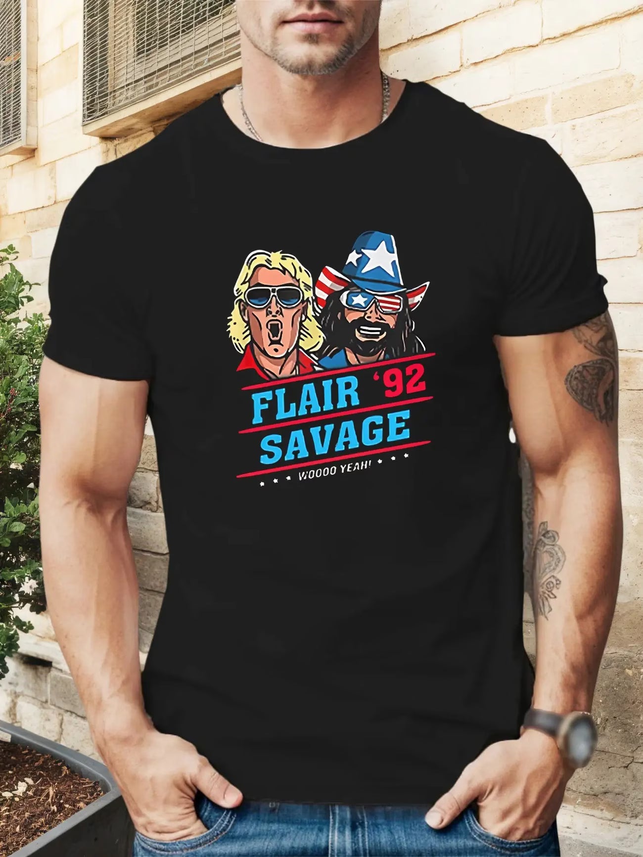 ric flair, randy savage men's pattern t-shirt-retro wrestling design - Item#T-5