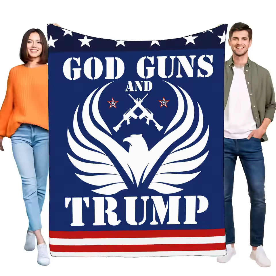 GOD GUNS AND TRUMP Flag Blanket - Patriotic Eagle Design with Crossed Rifles - Item#H-2