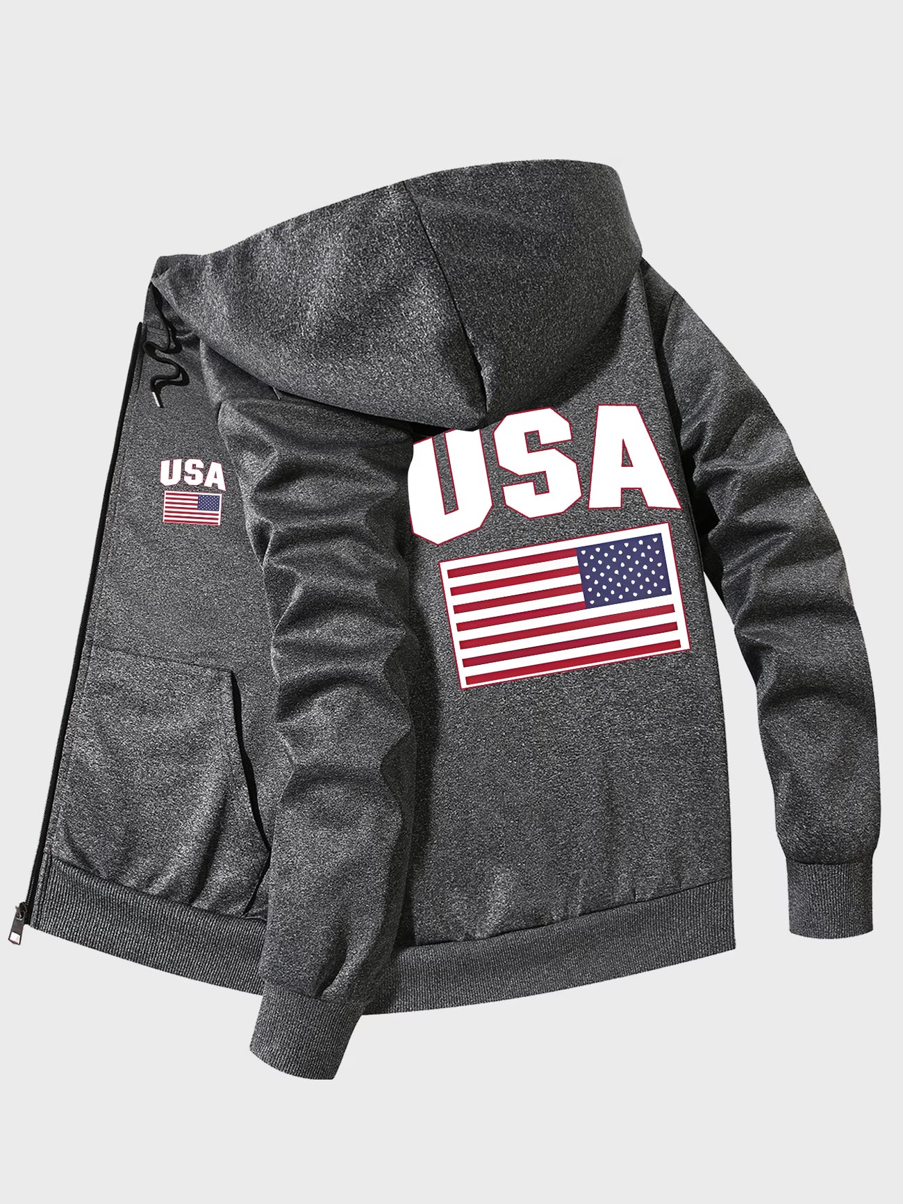 Men's Hooded Jacket with American Flag Waterdrop Pattern, Business Baseball Jacket with Stand-up Collar, Versatile Hooded Outerwear Item#O-2